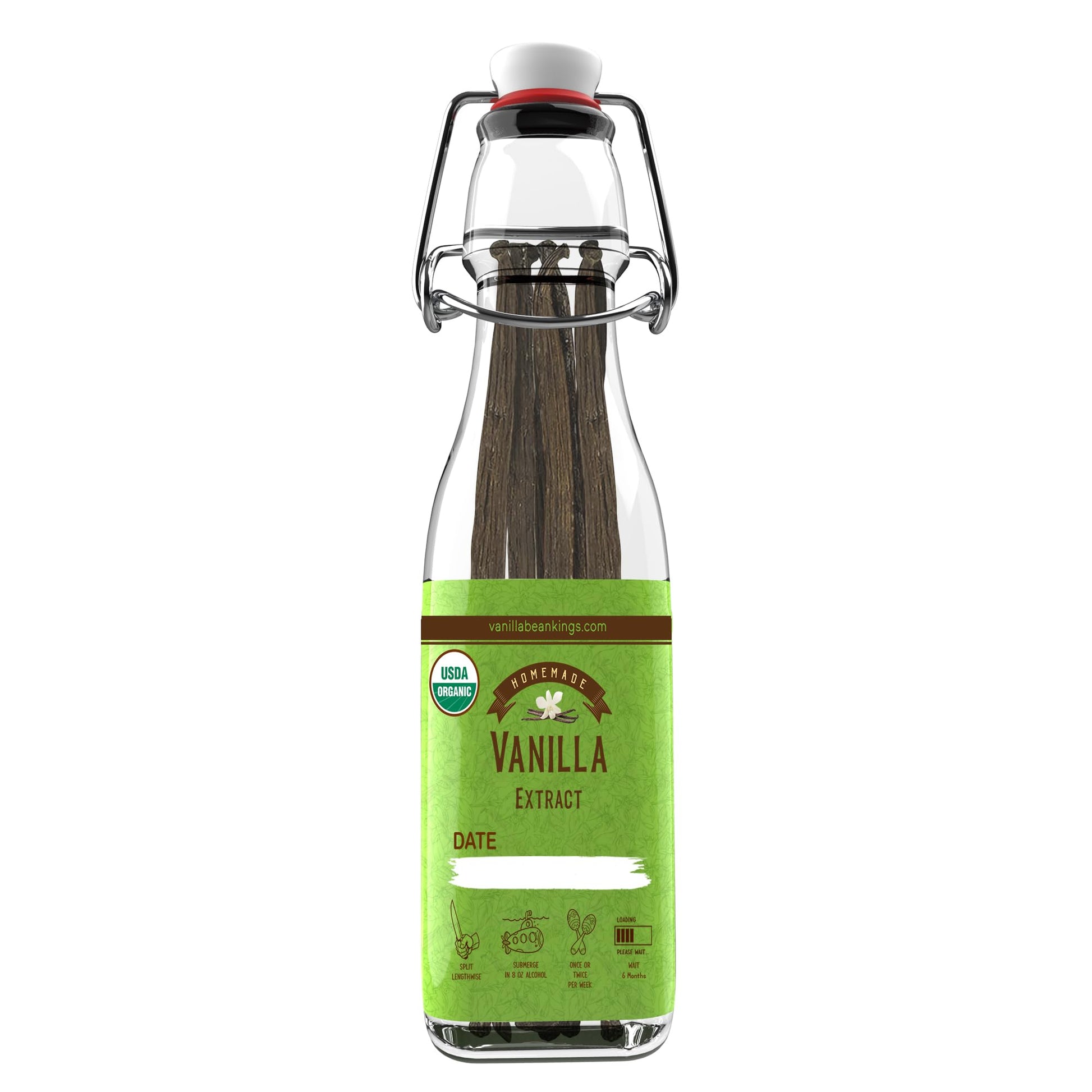 Vanilla Bean Kings Homemade Vanilla Extract Kit, 1 oz Organic Madagascar Vanilla Beans, 8.5 oz Glass Bottle, Black/Dark Brown