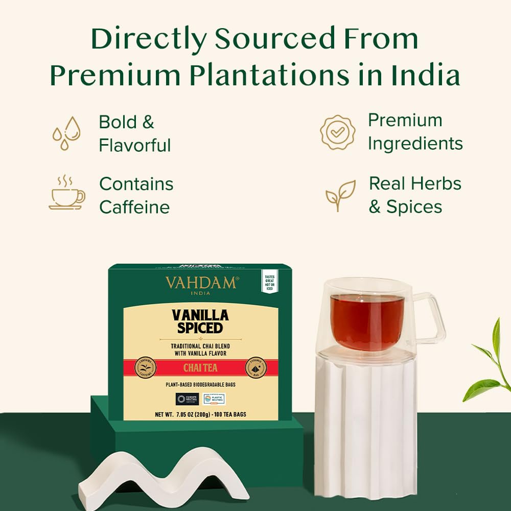 Vahdam, Vanilla Spiced Chai Tea | 100 Tea Bags | Spiced Masala Chai Tea | Delicious Blend Of Vanilla Tea | Spiced Chai Tea Bag |