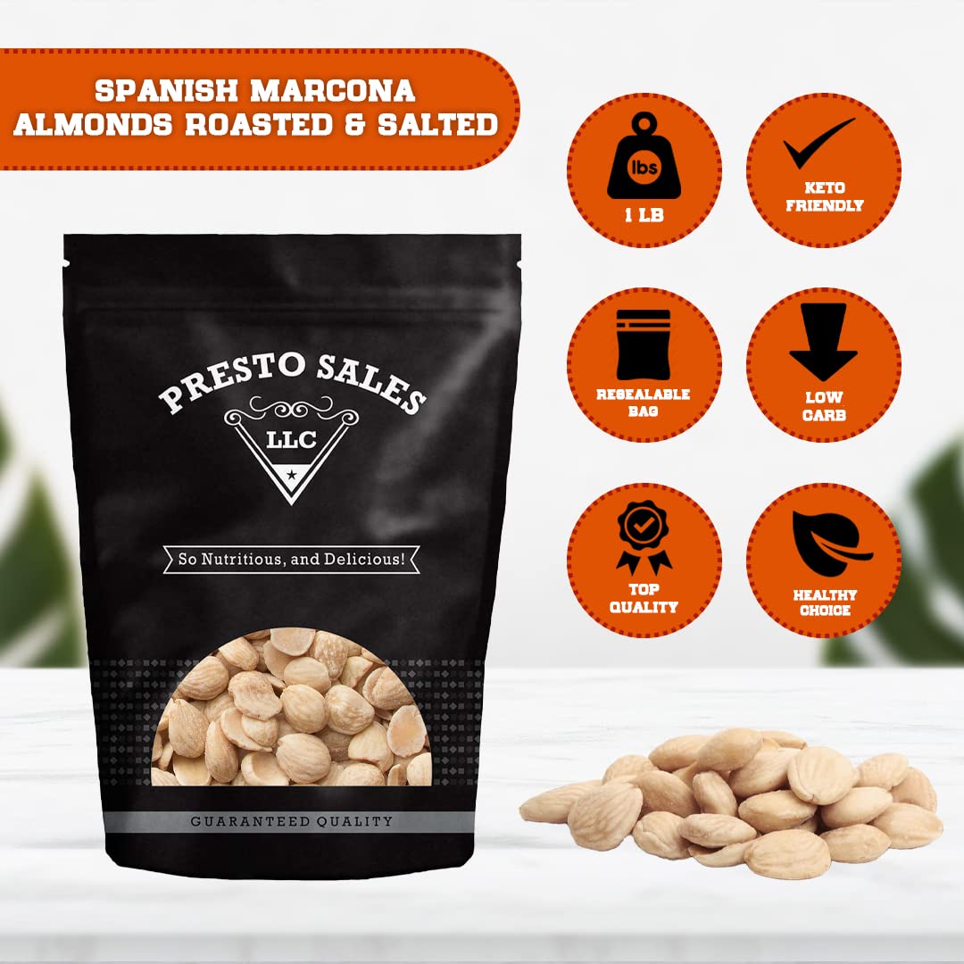 Presto Sales Almonds, Marcona Spanish Roasted Salted Whole 16 Oz. | Queen Of Almonds, Vegan, Great For All Ages | Moister, Softer, Rounder, Shorter, Sweeter | Resealable 1 Lb. Bag
