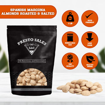 Presto Sales Almonds, Marcona Spanish Roasted Salted Whole 16 Oz. | Queen Of Almonds, Vegan, Great For All Ages | Moister, Softer, Rounder, Shorter, Sweeter | Resealable 1 Lb. Bag