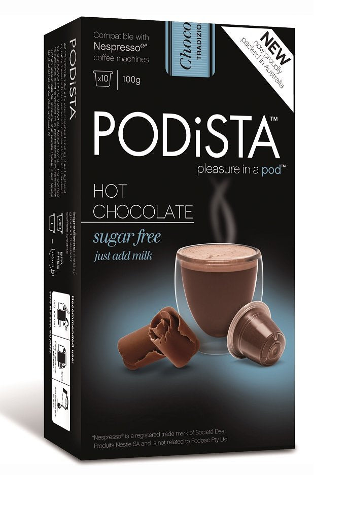 Podista Hot Chocolate Nespresso Compatible compact pieces - Sugar Free - 30 Pods in 3 Boxes