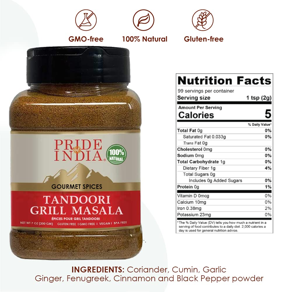 Pride Of India - Tandoori Grill Masala - Blend Of Exotic & Gourmet Spices - Ideal For Vegetable, Meat & Chicken Cooking - Gmo Fr