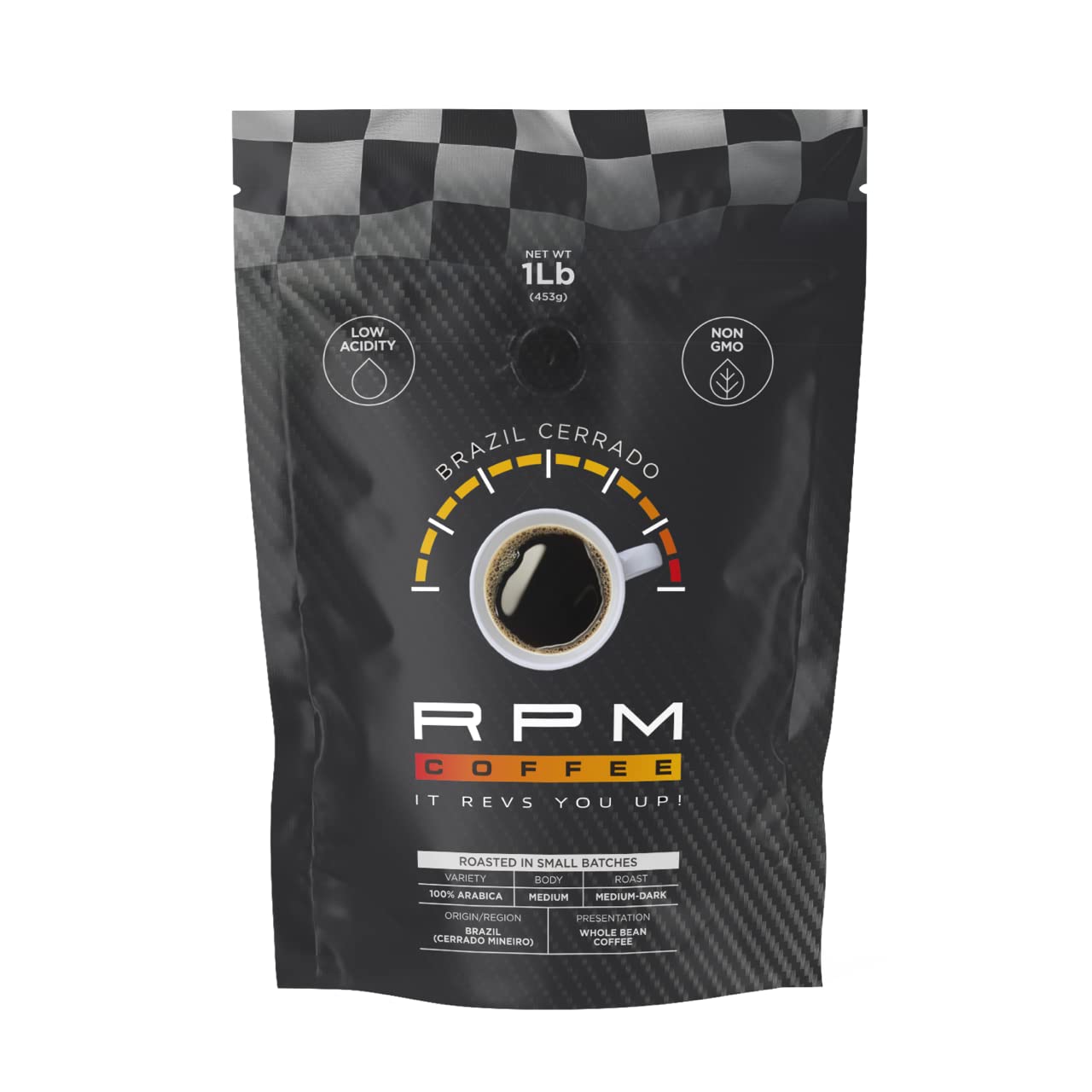 RPM Coffee 1LB Brazil Cerrado Premium Coffee, Medium-Dark Roast, 100% Arabica Beans, Low Acidity, 16 Ounce Pack