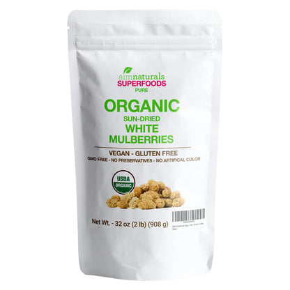 White Mulberries Dried Organic Bulk 2 Lbs Bag- USDA Organic Certified - Sun Dried, Raw, Non GMO & Gluten Free - Product of Turke