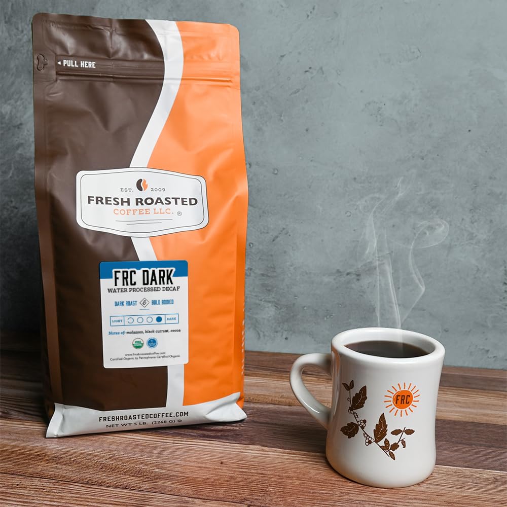 Fresh Roasted Coffee Organic Dark Roast Swiss Water Decaf Whole Bean 5 lb Fair Trade Kosher