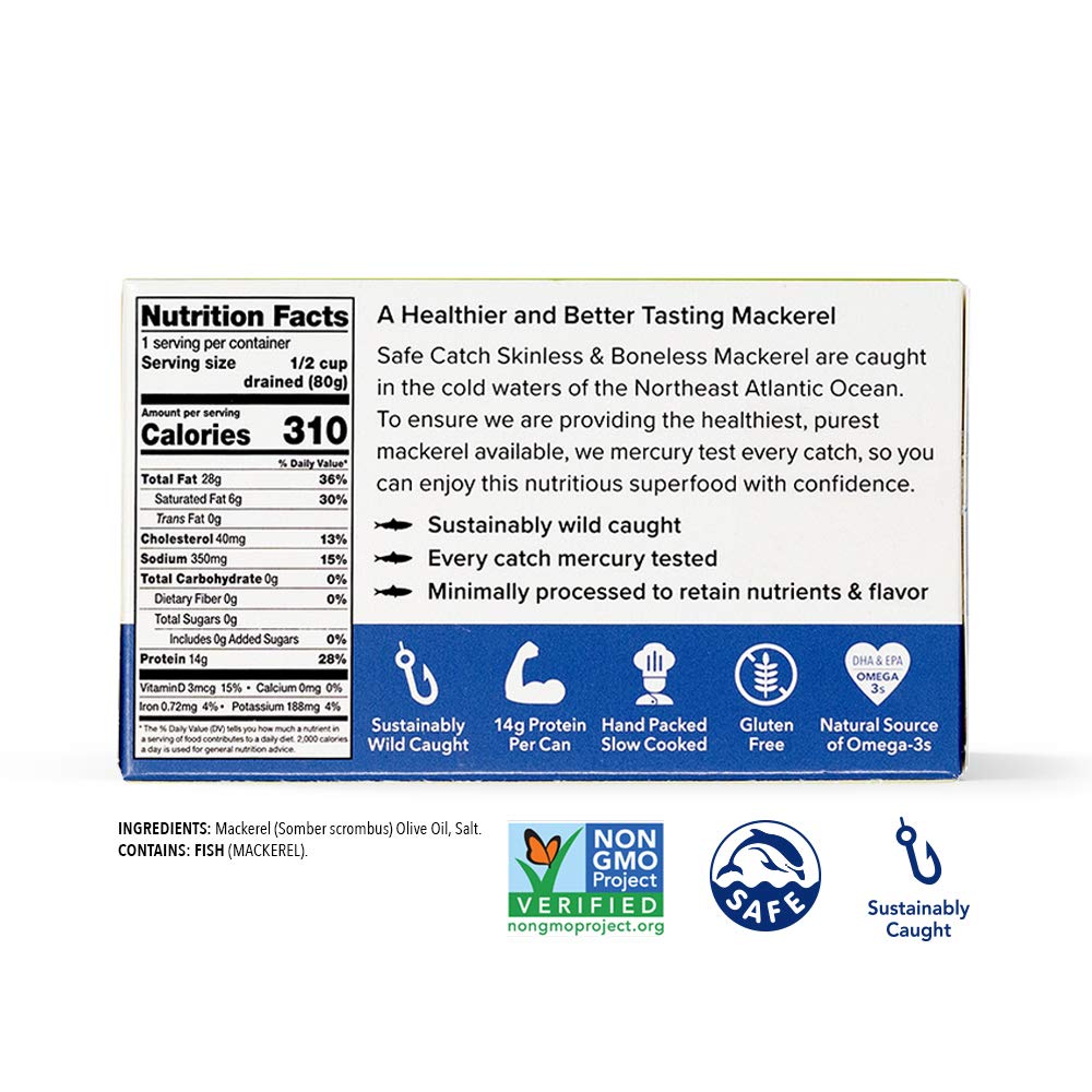 Safe Catch Wild Mackerel In Olive Oil, Skinless & Boneless, Non GMO, BPA Free, 4 Ounces (Pack Of 12)