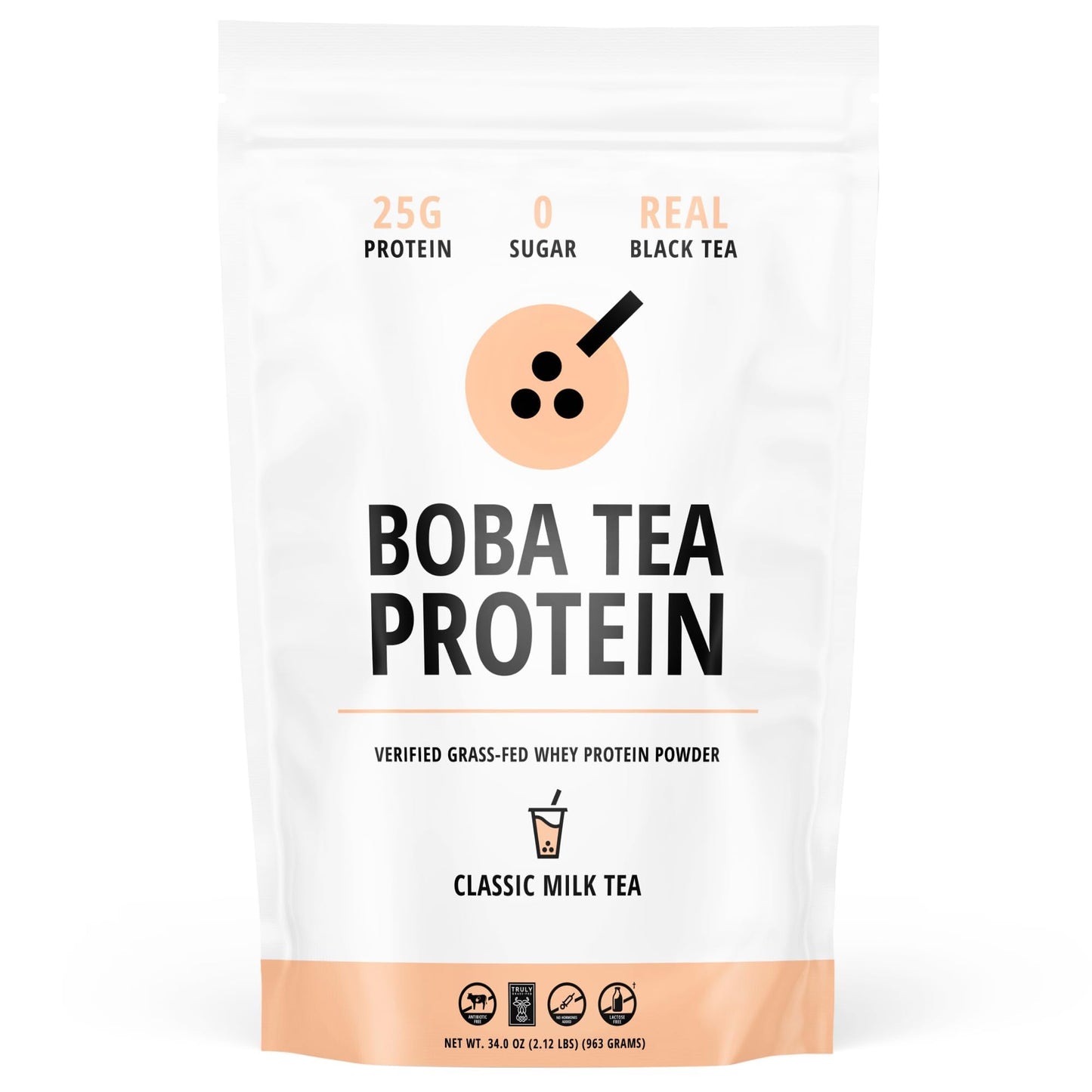 Boba Tea Protein Classic Milk Tea - 25g Grass-Fed Whey Protein Isolate Powder, Gluten-Free, 25 Servings, White