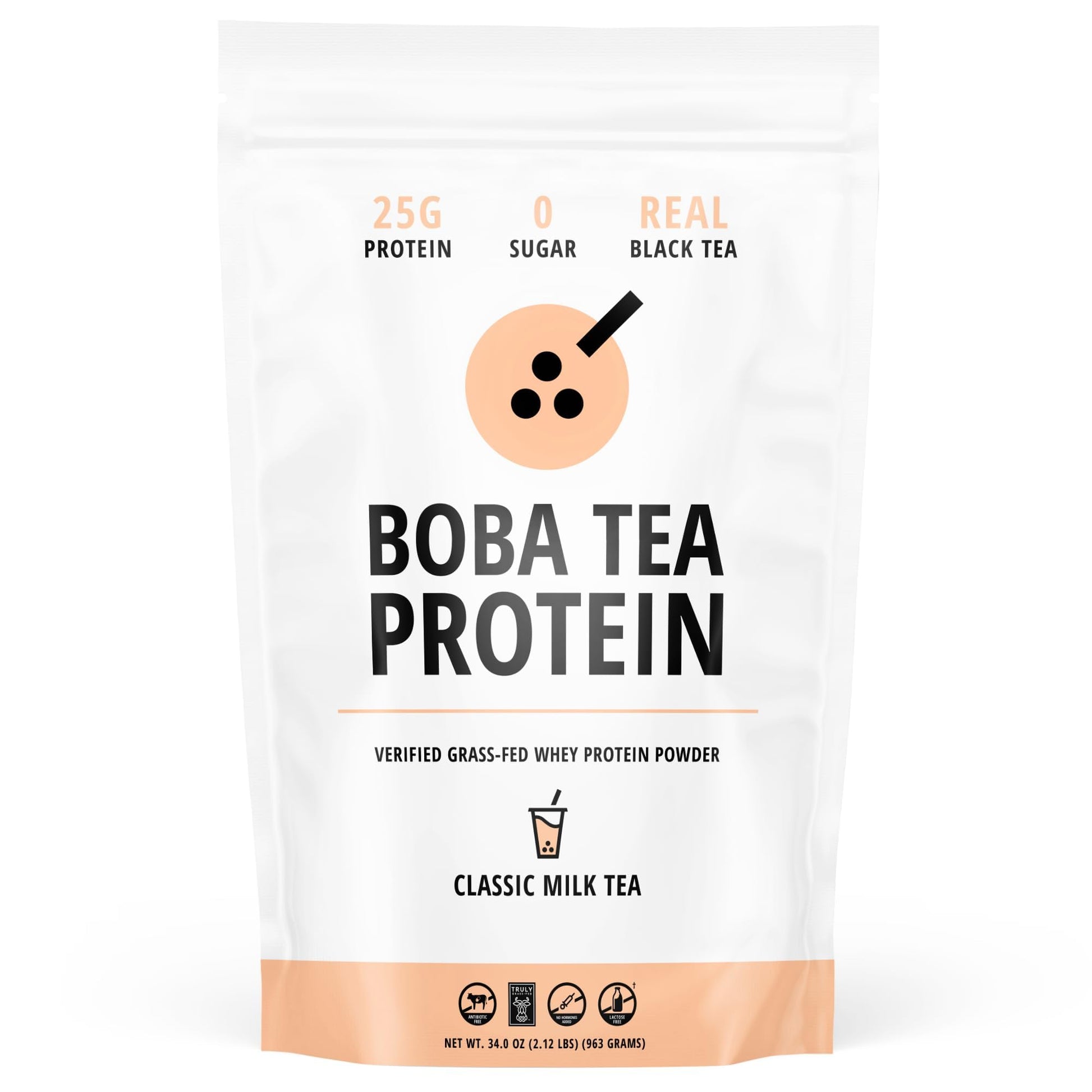 Boba Tea Protein Classic Milk Tea - 25g Grass-Fed Whey Protein Isolate Powder, Gluten-Free, 25 Servings, White