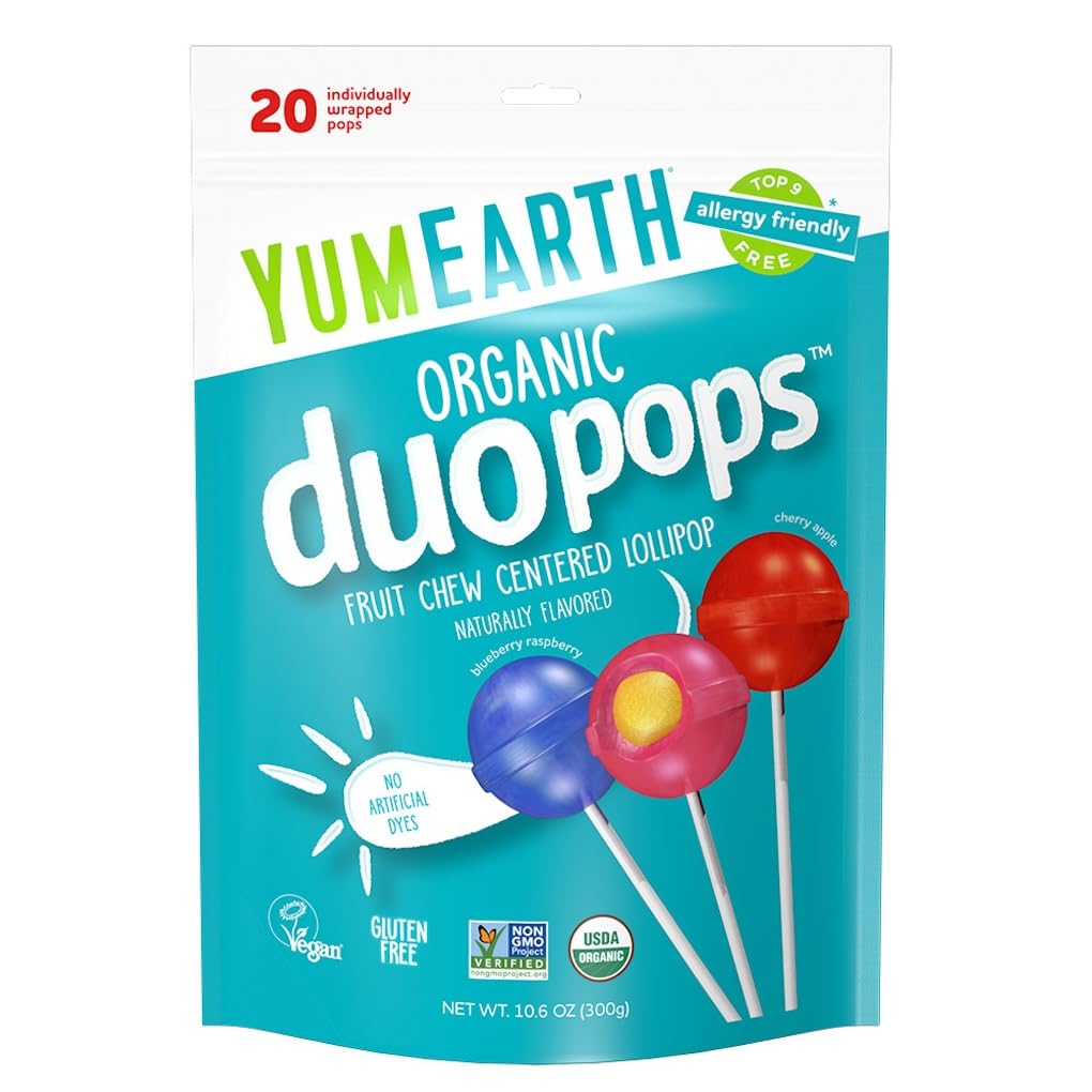 YumEarth Organic Duo Pops, Lollipops with Fruit Chew Centers - Allergy Friendly (Top 9 Free), No Artificial Dyes or Flavors, Non