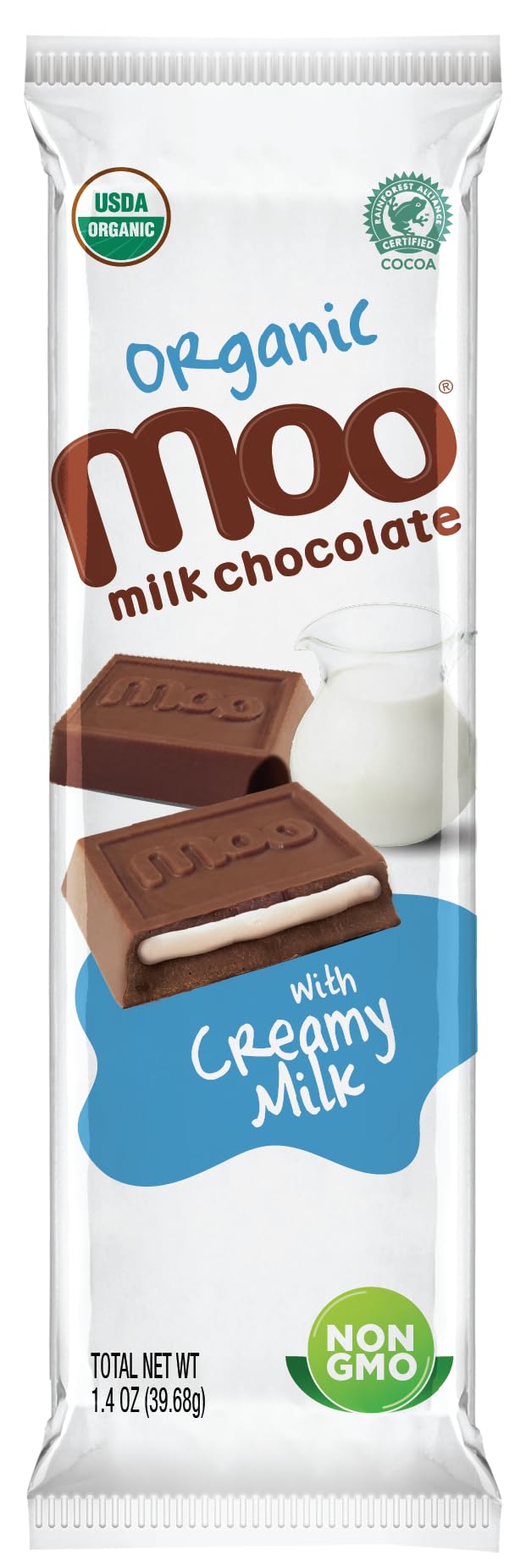 MOO CHOCOLATES Organic Milk Chocolate Bars, Creamy Filling, 14 ct, 1.4 oz each, USDA Organic, Non-GMO Snacks