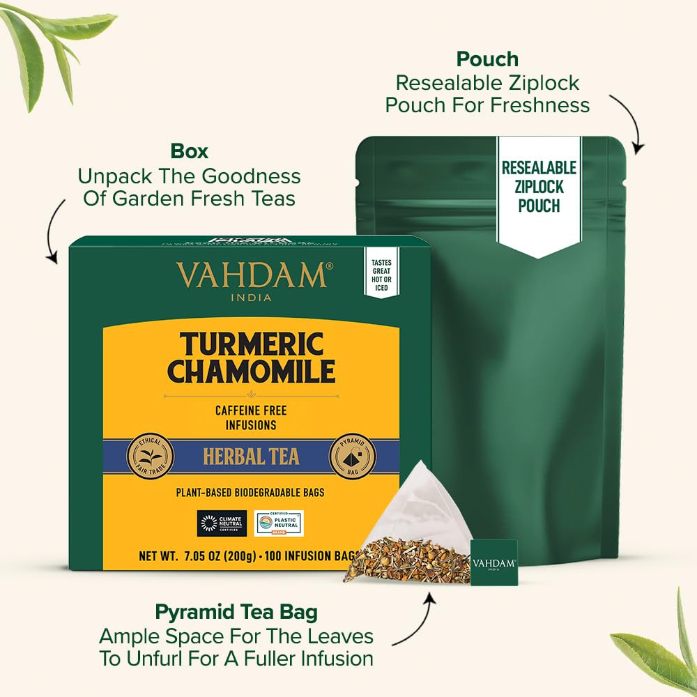 VAHDAM Turmeric Chamomile Tea Bags - Caffeine Free, Non-GMO, Gluten Free, 100 Herbal Tea Bags, Resealable Ziplock Pouch