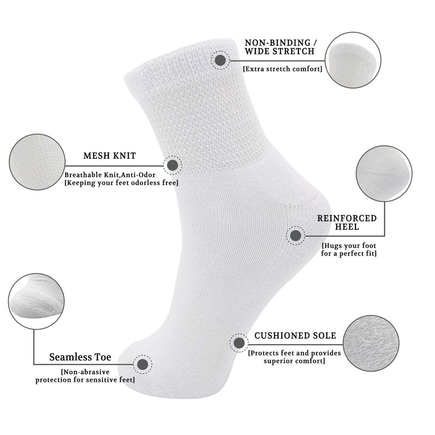 Lin Performance Ankle Diabetic Socks For Women And Men Non-Binding Top Cushion Sole Moisture Wicking, 4 Pairs (13-15, White)