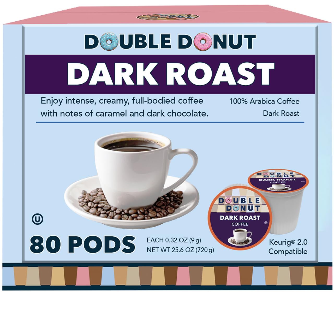 Double Donut Coffee Dark Roast Coffee Pods  Extra Bold Blend Coffee  Single Serve Coffee For Keurig K Cups Machines  Dark Roast Coffee In Recyclable Pods  80 Count