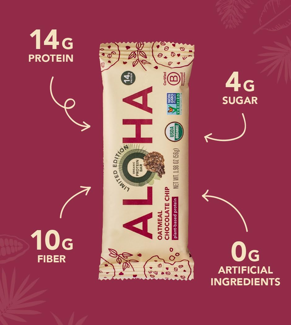 ALOHA Organic Plant Based Protein Bars, Oatmeal Chocolate Chip, Vegan, Gluten-Free, Low Sugar, 1.9oz, 12 Count