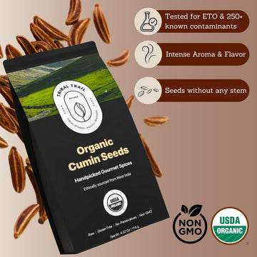 Tribal Trail Cumin Seeds Whole Organic | 4.02 Oz | Usda Organic & Non-Gmo | Indian Origin | Recyclable Kraft Bags | Best For Coo