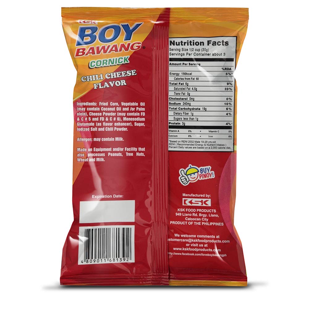 Boy Bawang Cornick, Chili Cheese - Crispy Tasty & Gluten-Free Corn Nuts 3.54 Ounces (100G), 3 Pack