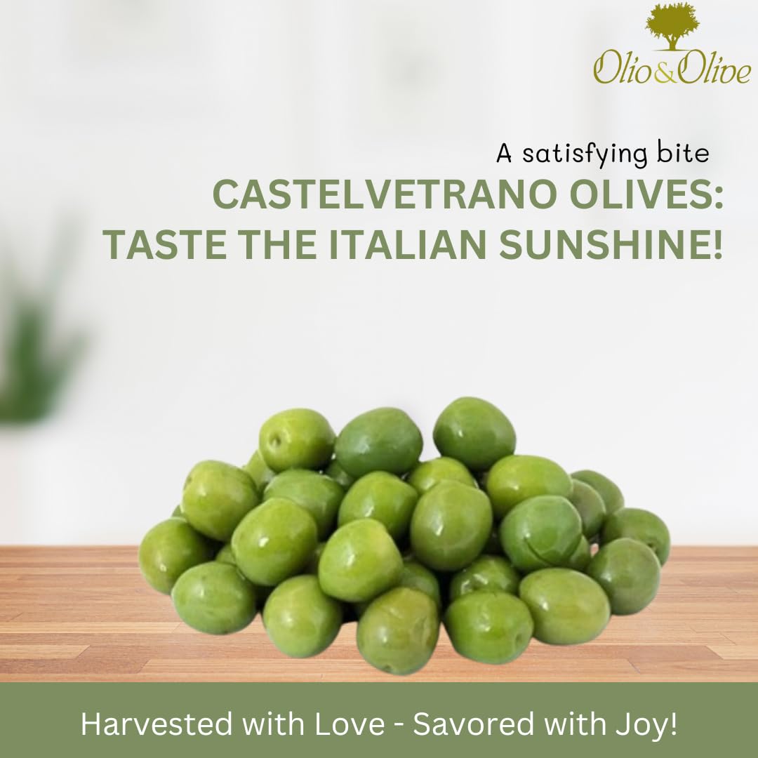 Olio&Olive Castelvetrano Green Italian Olives - Vacuum Packed And Less Salty - Buttery And Tender Taste - Vibrant And Fresh Color - 1Lb Pack (Drained Weight) - Imported From Sicily-Italy
