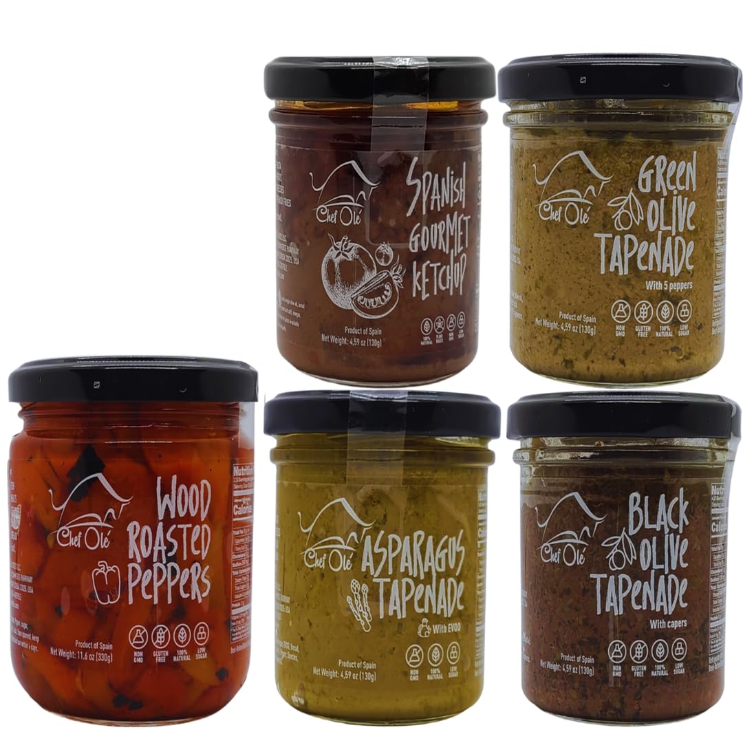 Chef Ole's Party Set of 5 Healthy Tapenades/Dips - Includes Hummus type, Olive Tapenade, Black Olives, Green Olives, Asparagus, 