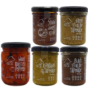 Chef Ole's Party Set of 5 Healthy Tapenades/Dips - Includes Hummus type, Olive Tapenade, Black Olives, Green Olives, Asparagus, 