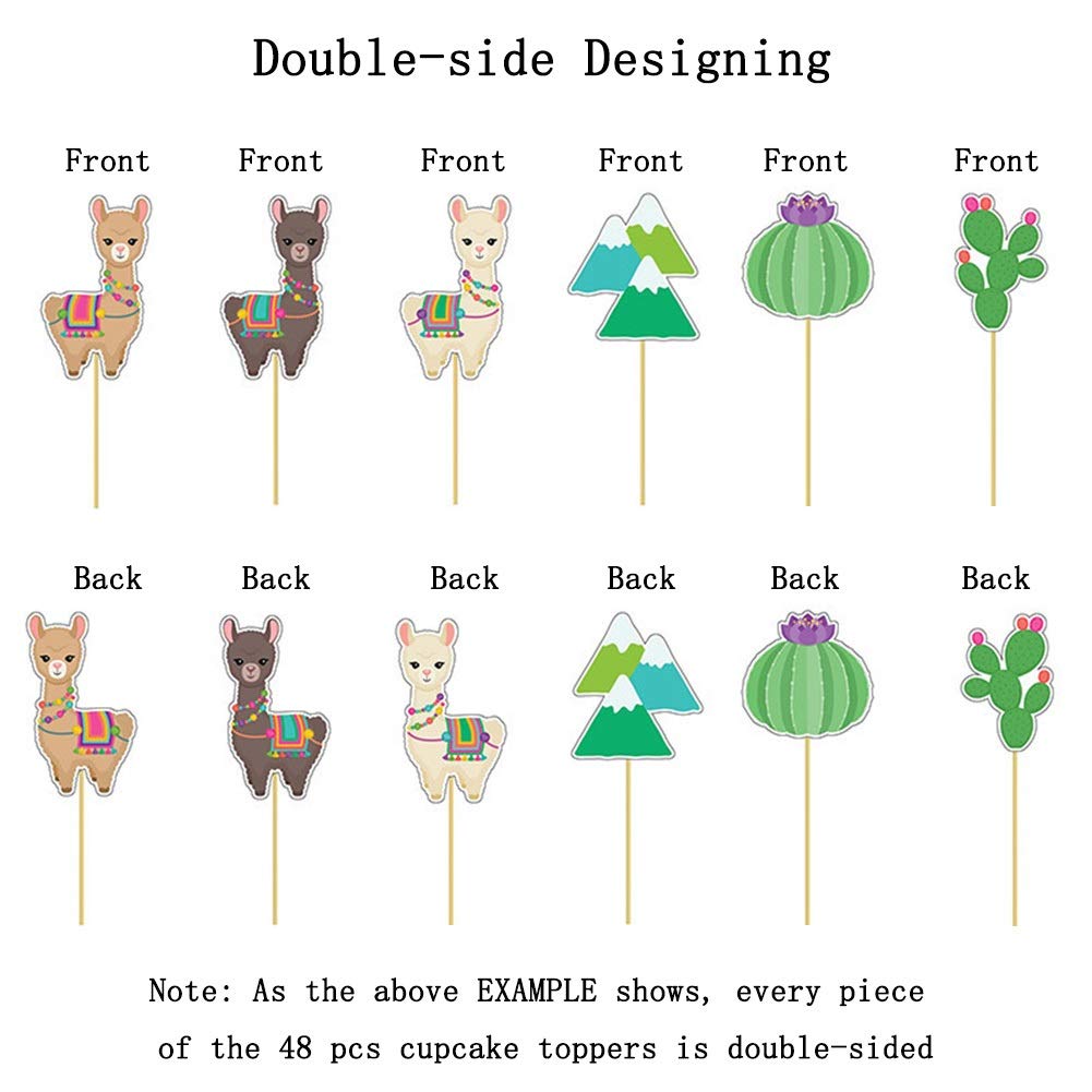 Llama Cactus Cupcake Toppers Party Cake Toppers 48Pcs, Mexican Fiesta Alpaca Cactus Theme Party Supplies Cake Decorations For Ba