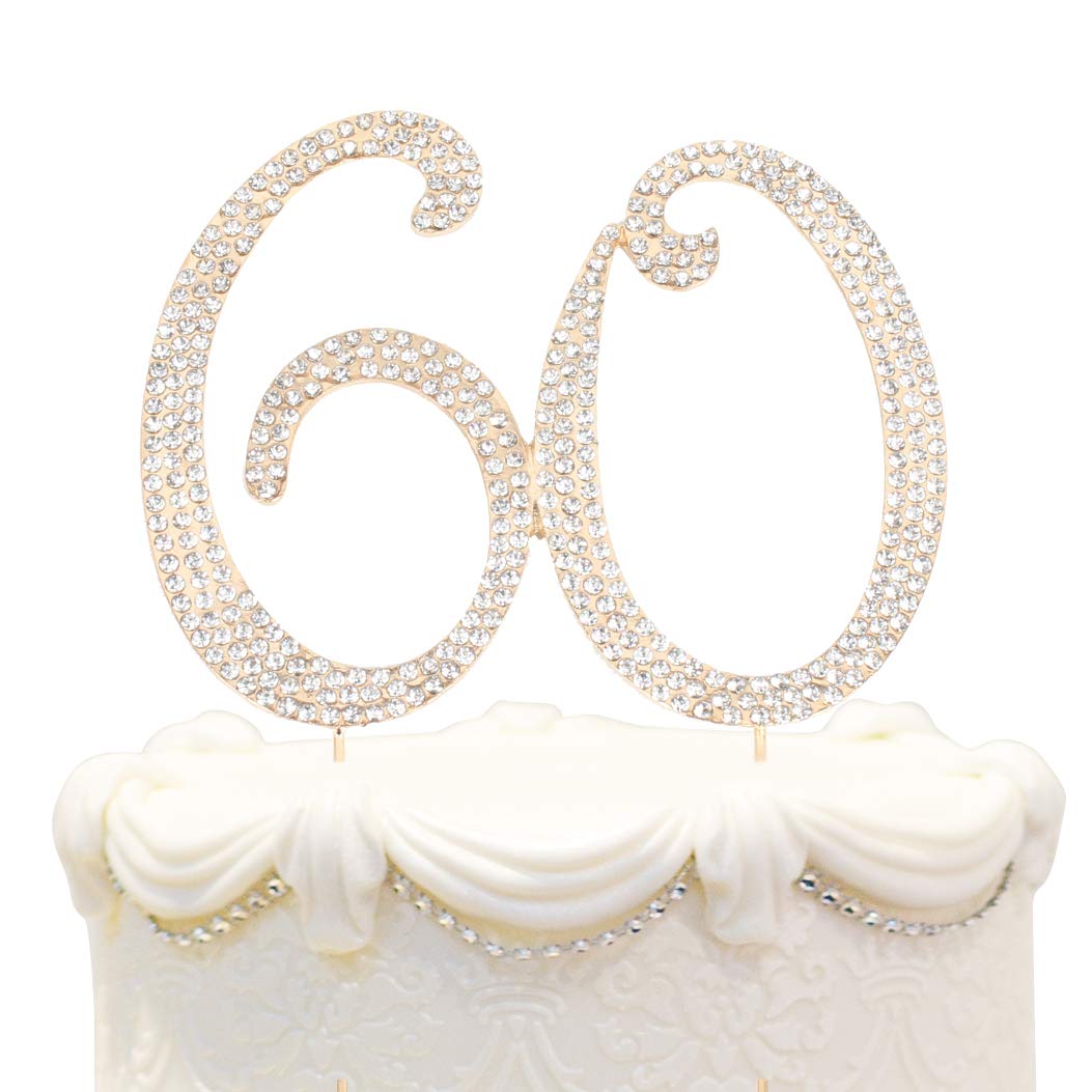 Hatcher lee Birthday Cake Topper - Bling Crystal 60th Party Decoration, Gold, Model HCL-027
