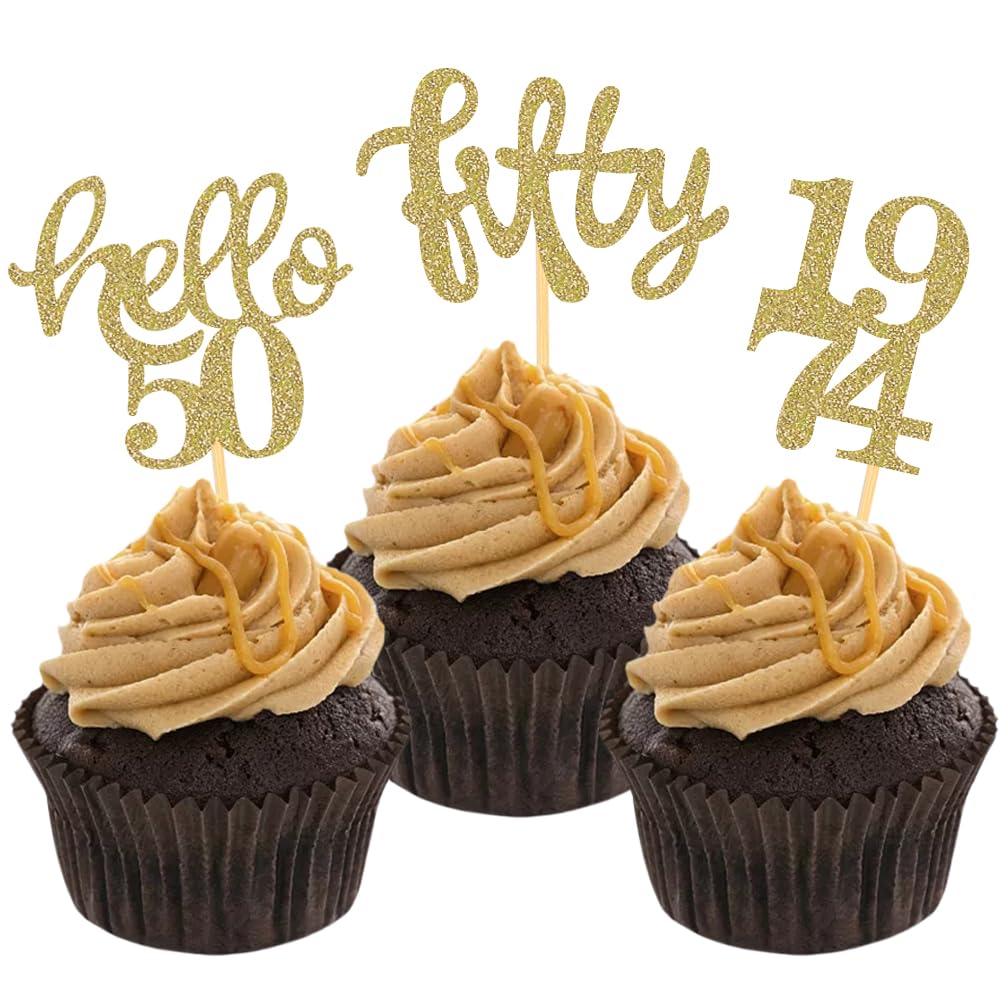 24 Pcs Gold Glitter 50Th Birthday Cupcake Toppers For 50Th Birthday Celebrating Party Decorations