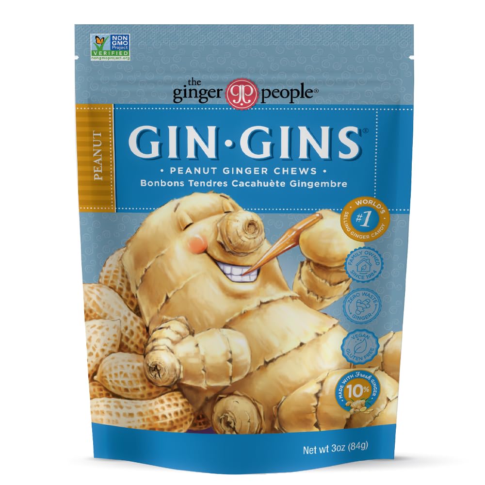 GIN GINS Peanut Ginger Chews – 100% Natural Candy by The Ginger People – Individually Wrapped Healthy   - Made with the Fresh Rhizome – Peanut Flavor – 3oz Bag – Pack of 1
