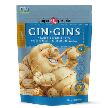 GIN GINS Peanut Ginger Chews – 100% Natural Candy by The Ginger People – Individually Wrapped Healthy   - Made with the Fresh Rhizome – Peanut Flavor – 3oz Bag – Pack of 1