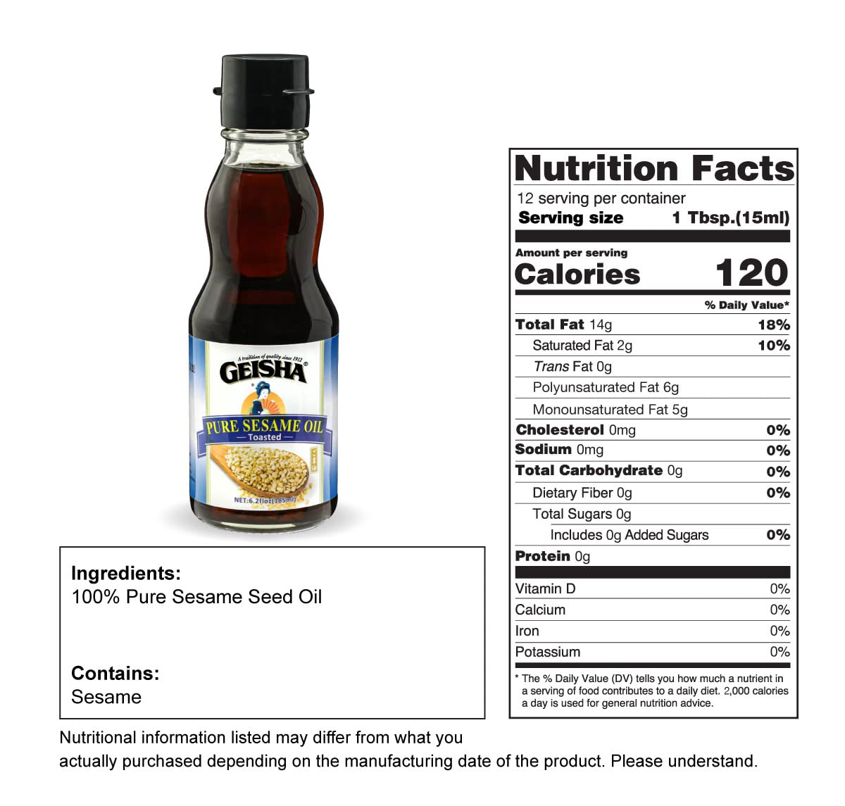 GEISHA Pure Sesame Oil, Toasted, Kosher Certified, Vegan, Gluten Free, 6.2 FL OZ, Pack of 12