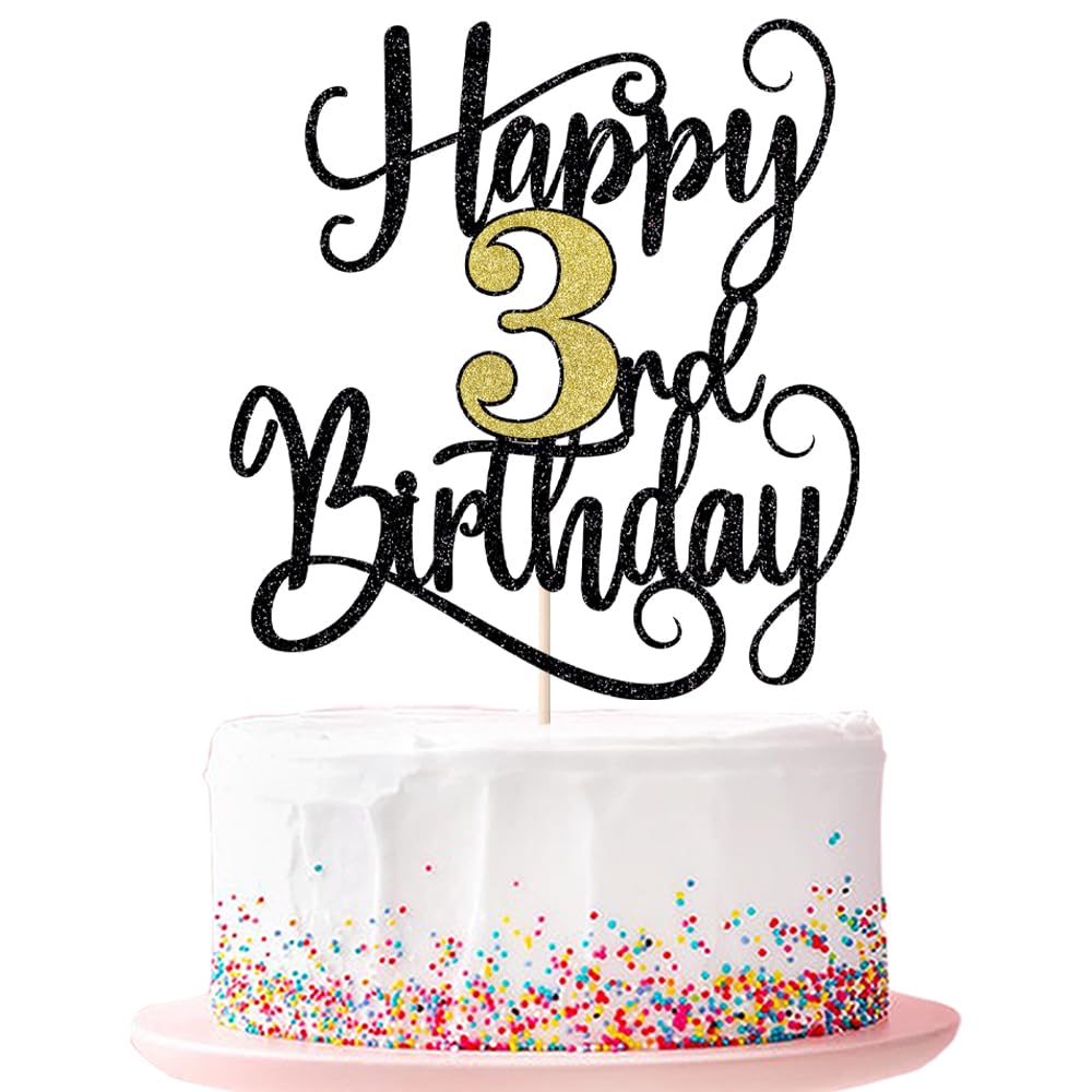 Happy 3Th Birthday Cake Topper, 3 Birthday Party Cake Decorations (Black And Gold Flashes, 3Rd)