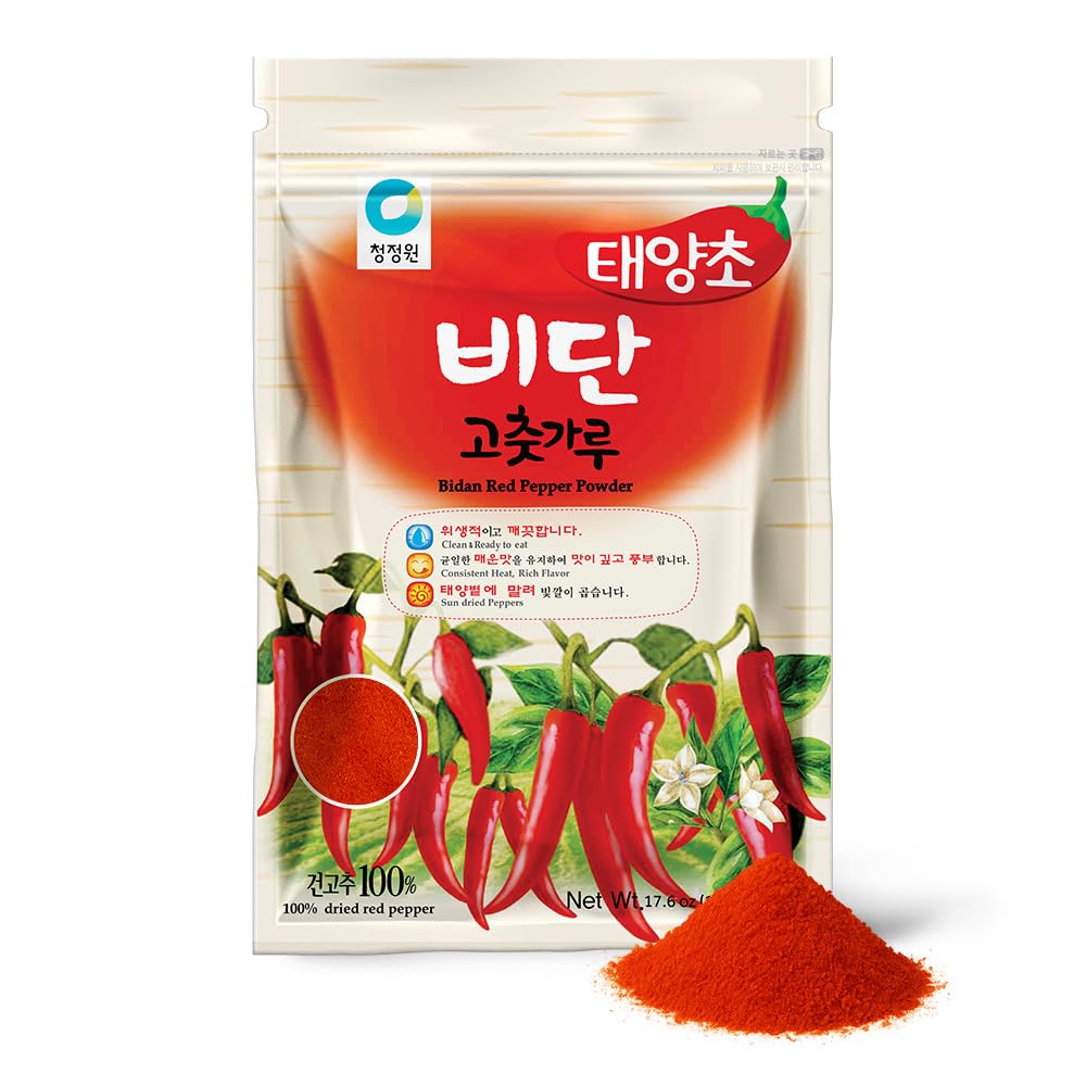 Chung Jung One OFood Gochugaru Korean Red Chili Pepper Powder - [1.1 lb] enhanced Sun-Dried Bidan Chili Flakes  Authentic Korean Spice for Kimchi & Cooking - [1 Pack - Fine]
