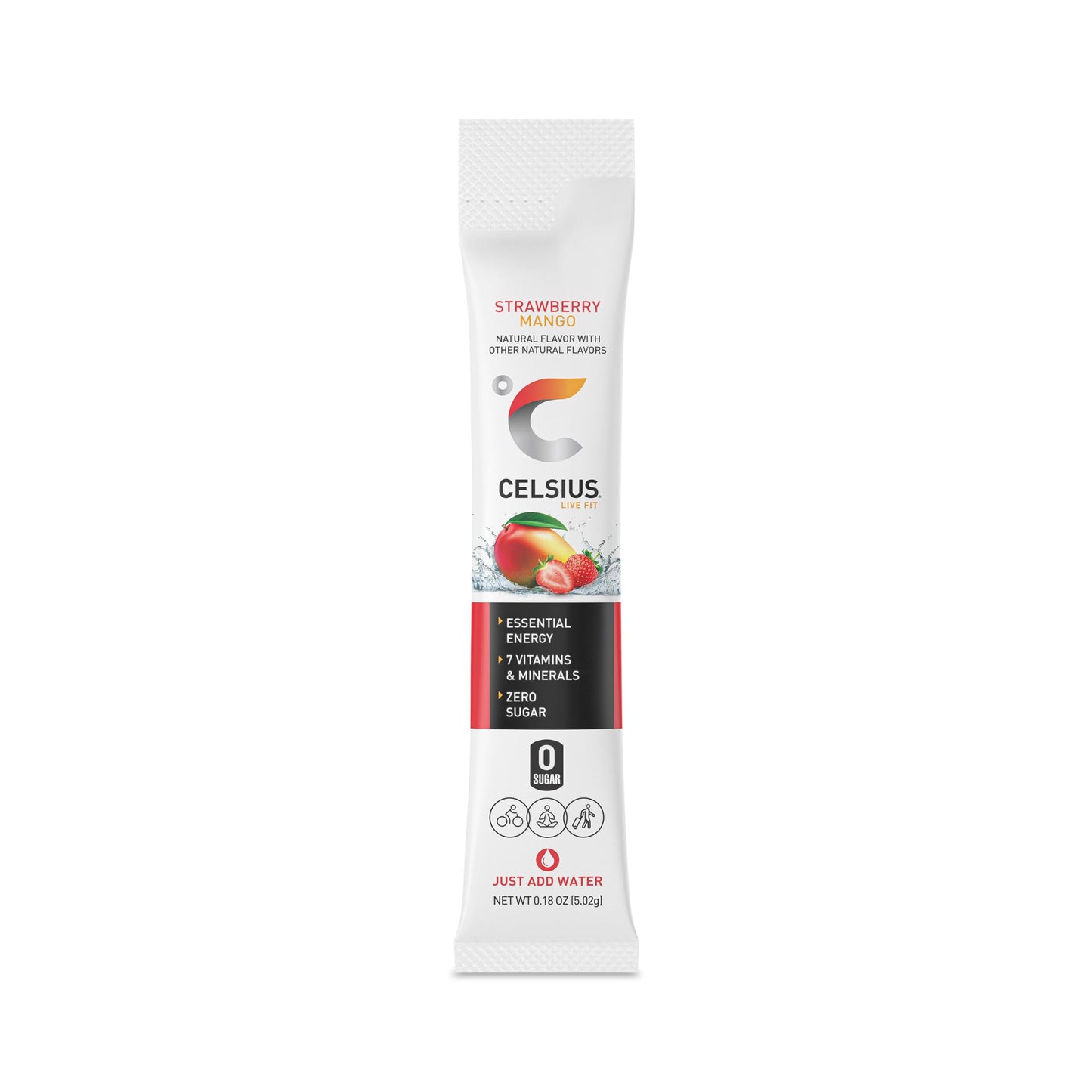 CELSIUS On-the-Go Powder Sticks Strawberry Mango, Essential Energy 2.5 Oz (14 Sticks per Pack)