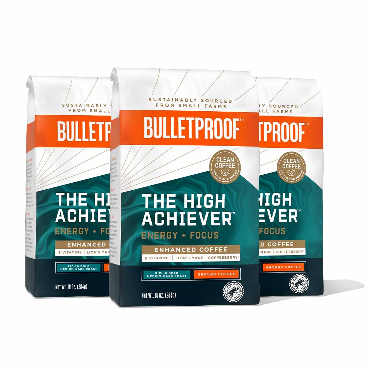 Bulletproof The High Achiever Ground Coffee, 10 Ounces (Pack Of 3), Medium-Dark Roast Enhanced Coffee With Lion'S Mane Mushroom, B Vitamins, And Adaptogens For Energy And Focus