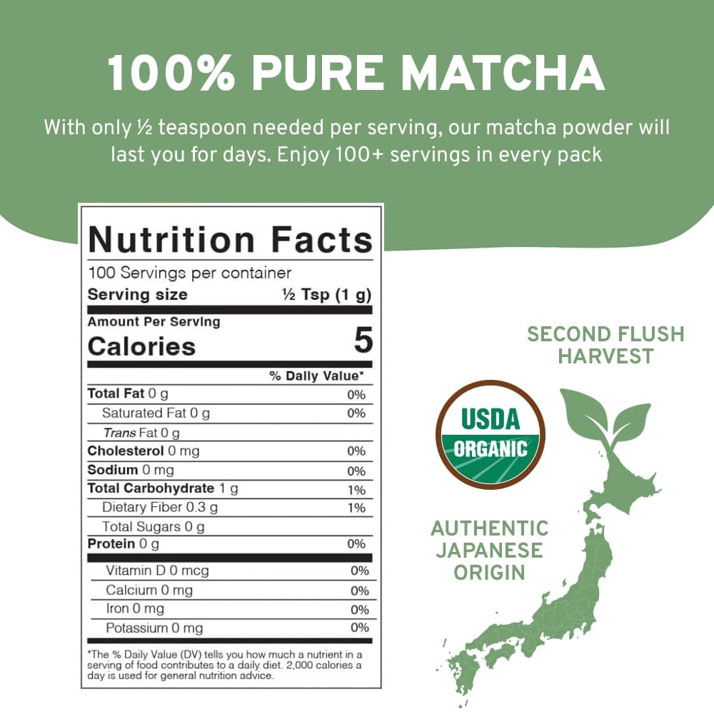 Handpick Japanese Organic Matcha Green Tea Powder (100 Servings) - Authentic Premium Second Flush Harvest | Resealable Ziplock P