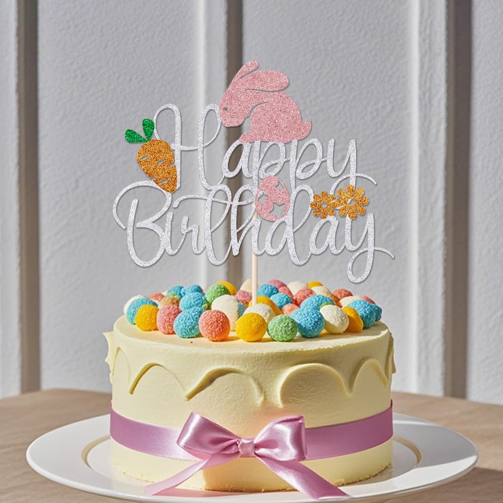 Happy Birthday Easter Cake Topper, Easter Religious Holidays, Baby Shower Party Celebration/Bunny Ear Cake Decoration Supplies (