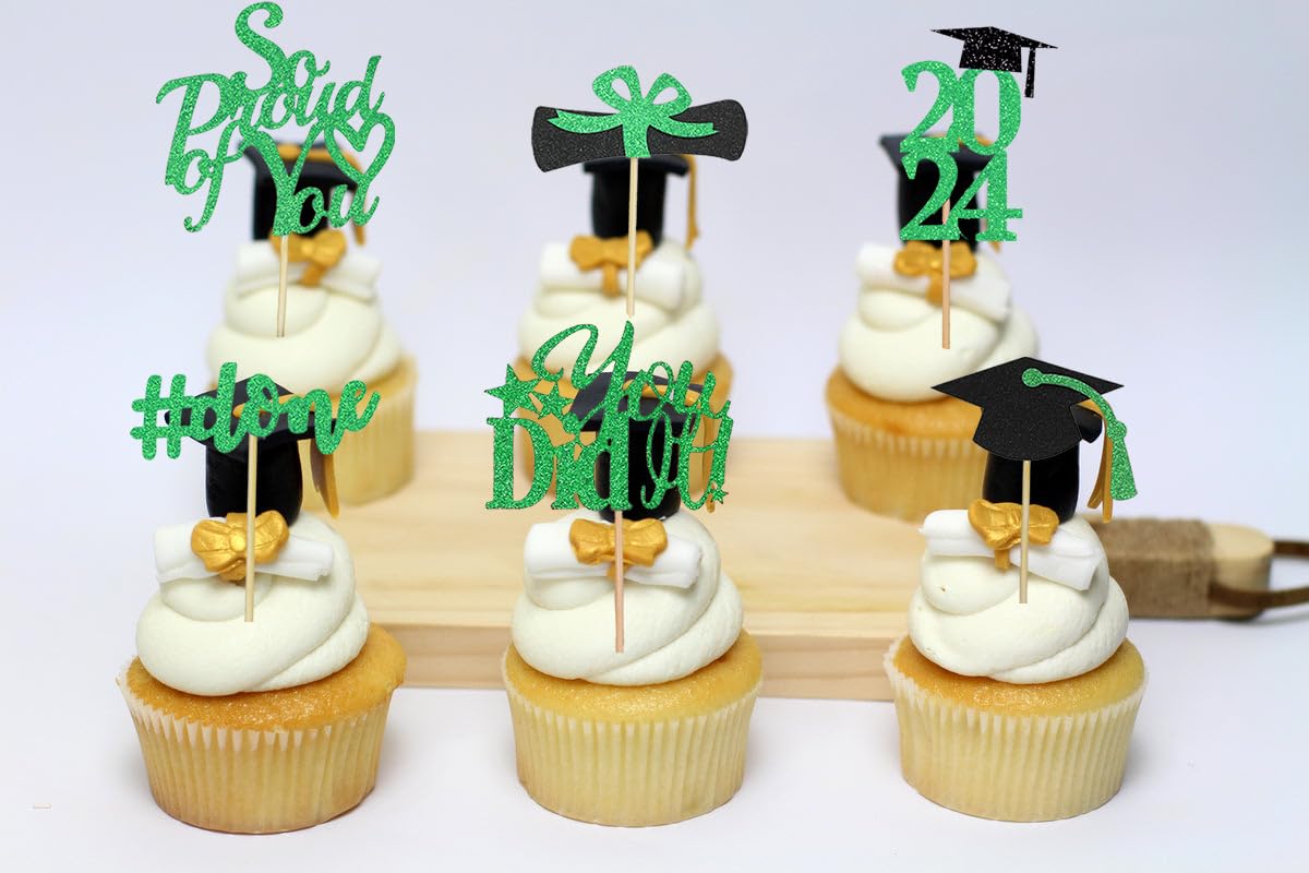 Graduation Cupcake Toppers 2024 Green,Glitter Class Of 2024 Cupcake Toppers Supplies,Class Of 2024 Congrats Grad Cap Diploma Cup