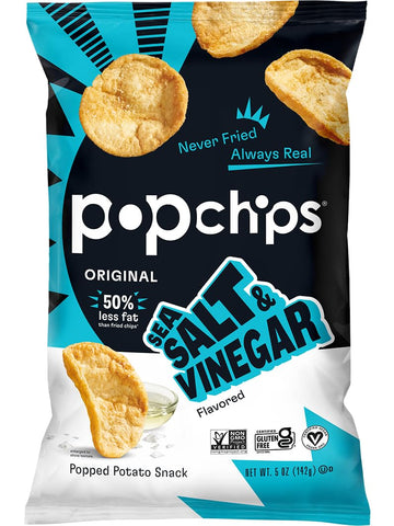 Popchips Potato Chips, Sea Salt & Vinegar, 4Ct 5.0Oz Share Bags, Low-Calorie, Gluten Free, Salty Snacks For Adults And Children, Non-Gmo, Vegan & Kosher Friendly, 130 Calories Per Serving