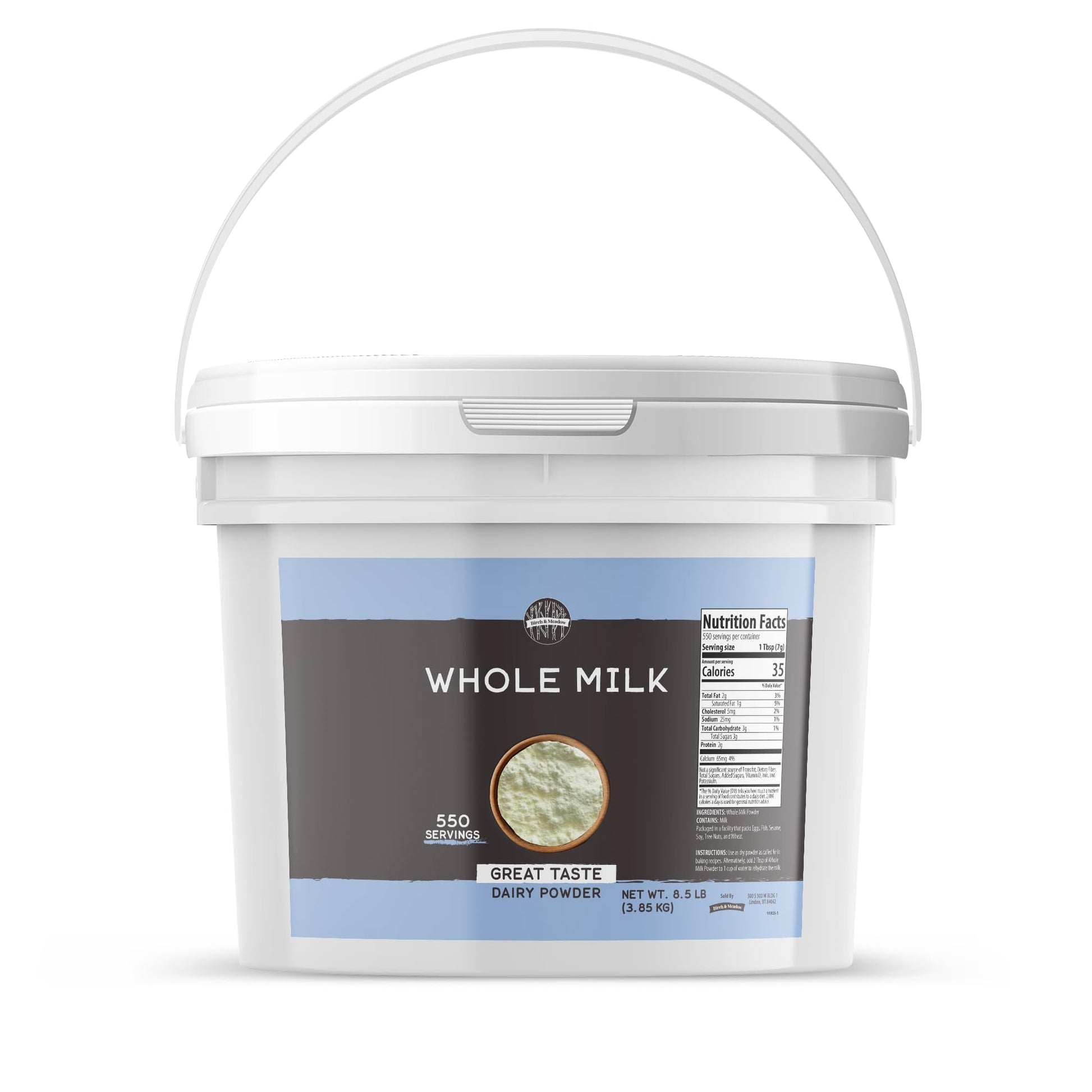 Birch & Meadow 2 Gallon Bucket of Whole Milk Powder, Light Sweet Taste (136 Ounce)
