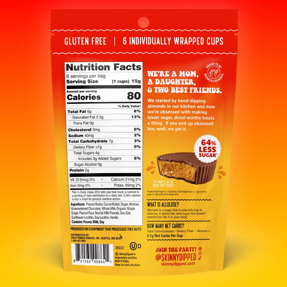 SkinnyDipped Milk Chocolate Peanut Butter Cups, 4g Sugar, Low Sugar, Low Carb, Gluten Free, 3.2oz Bag, 4 Pack (24 Cups Total)