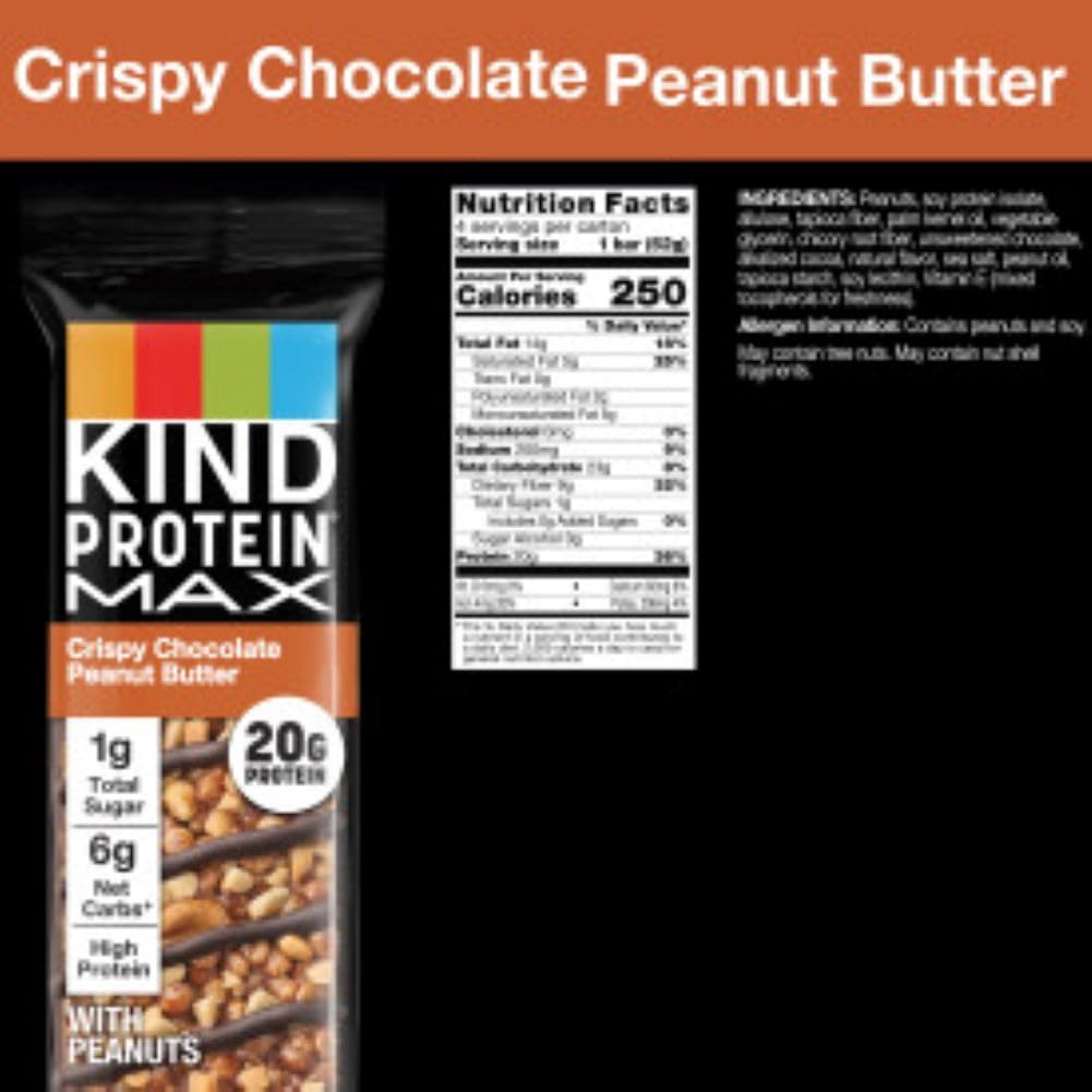 KIND Protein MAX Snack Bars, 20g Protein, Keto Friendly, 1g Sugar, Gluten Free, 4 Count Box, Brown, Model 66912