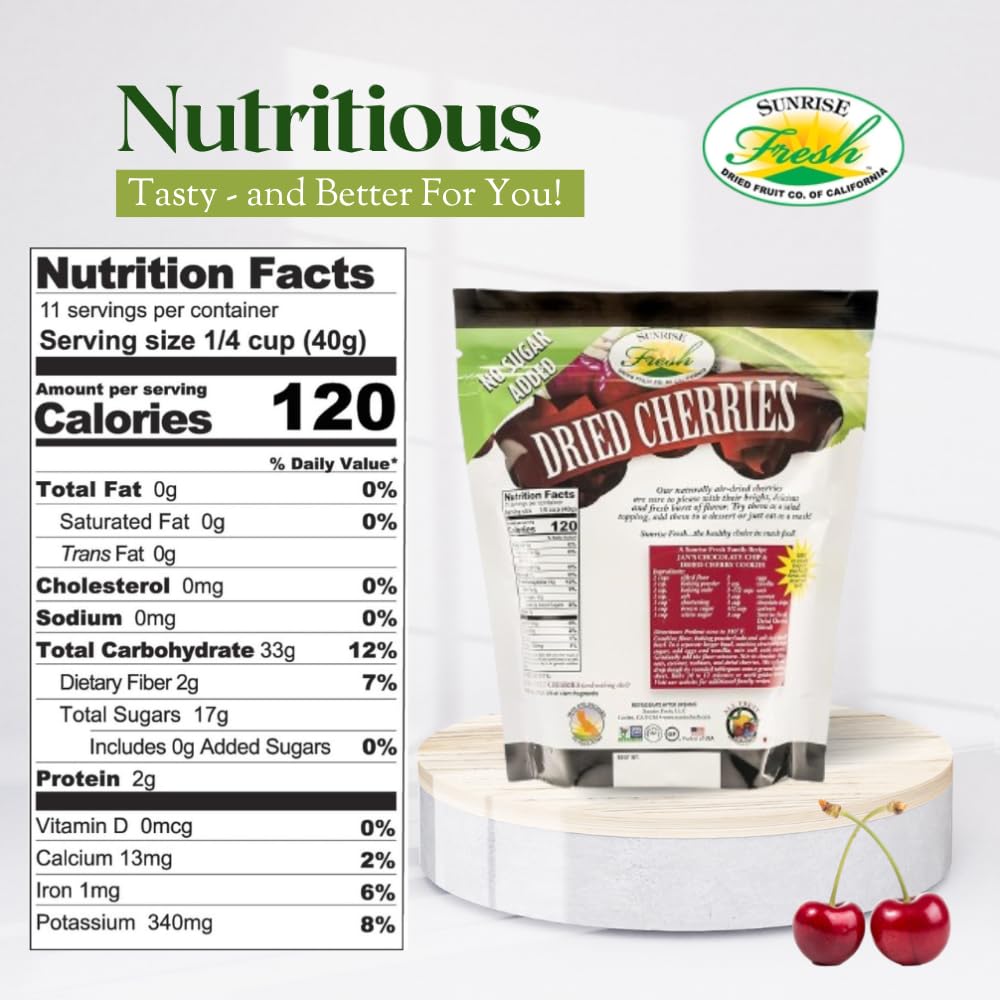 SUNRISE FRESH DRIED FRUIT CO. Dried Sweet Cherries, Unsweetened, 1 lb Bag