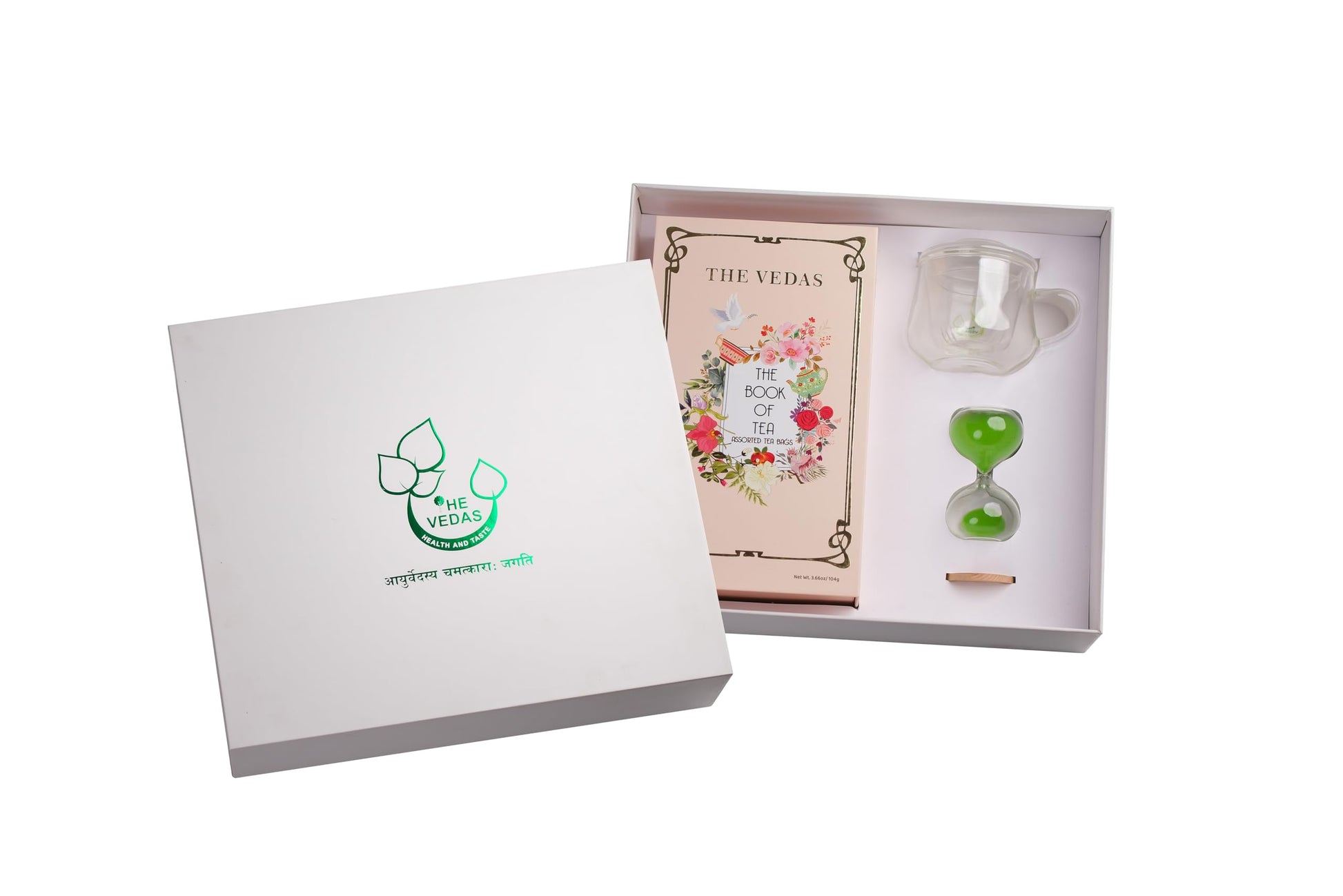 The Vedas Tea Chest Enhanced Tea Gift Set | 48 Handstitched Cotton Teabags | 12 Flavours | 1 The Vedas Branded Mug With Infuser | 1 Sand Clock Specially Designed For Our Teas | 1 Coaster