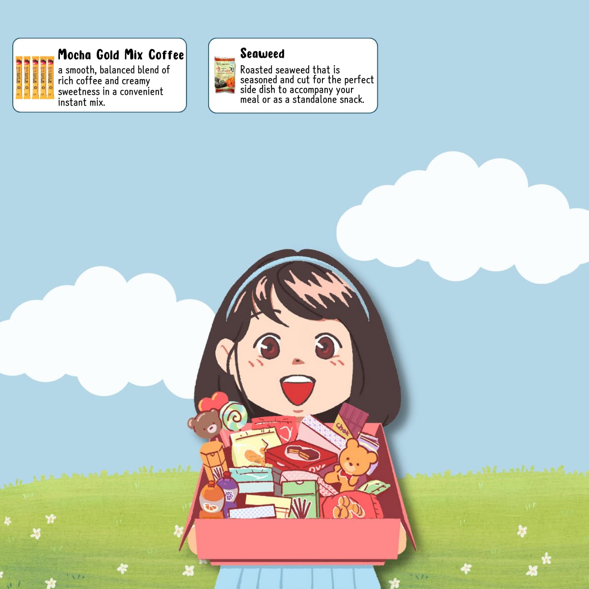 Korean snack box variety pack, 50 count individually wrapped, care package sampler with candy, cookies, chips, and treats, gift