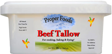 Proper Foods 100% Grass-Fed Beef Tallow - Pasture Raised - For Cooking, Baking & Frying - 16 Oz