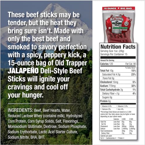 Old Trapper Beef Sticks, Jalapeño Flavor, 15 Ounce, Spicy, Pack of 1, Model 33215T