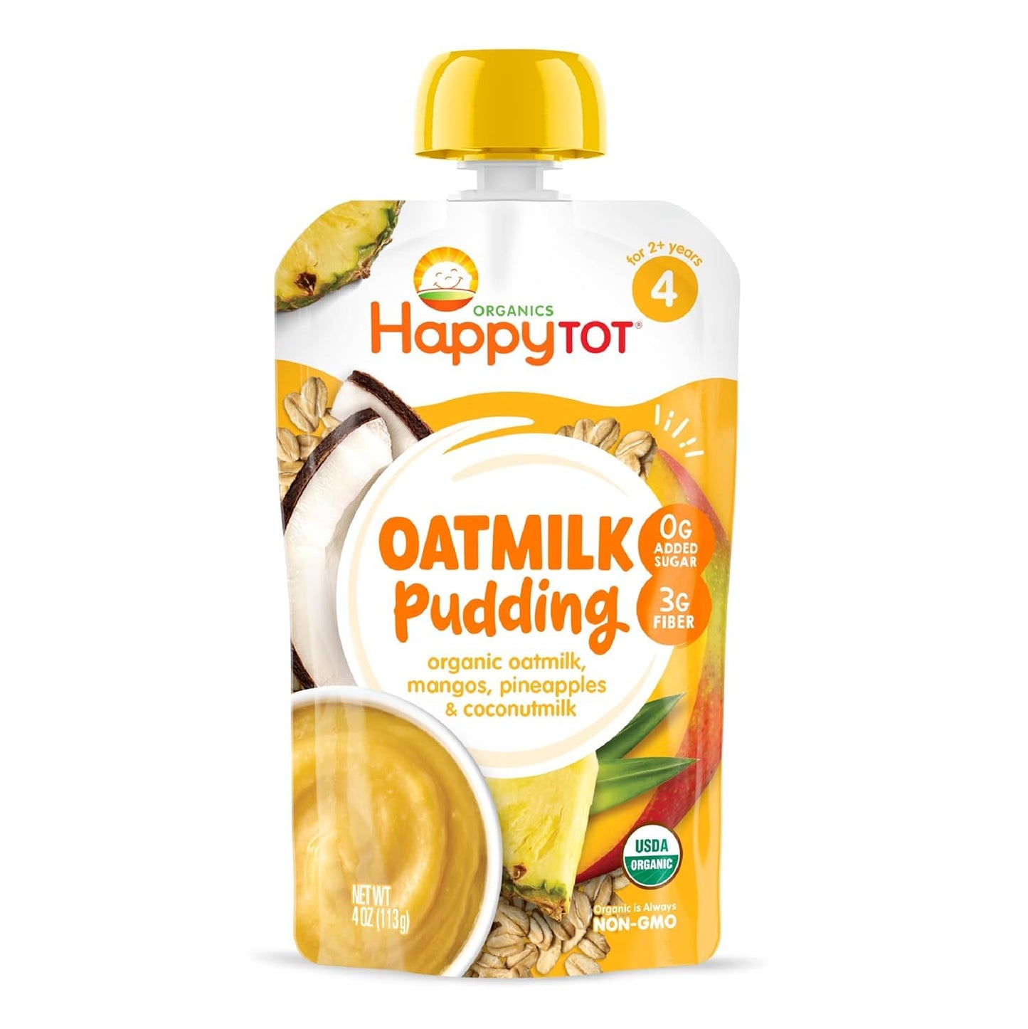 Happytot Organics Oatmilk Pudding, Dairy-Free, Stage 4 Toddler Snack, Oatmilk, Mangos, Pineapples & Coconutmilk, 4 Ounce Pouch, Pack Of 16