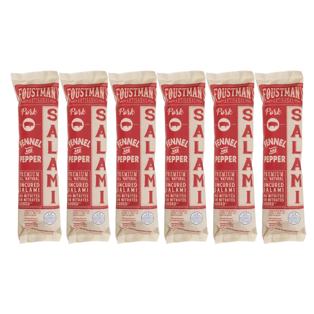 Foustmans Salami Pork Fennel and Pepper Artisanal, Nitrate-Free, Naturally Cured, Gluten-Free, Dairy-Free, Pack of 6, 8 Oz Each