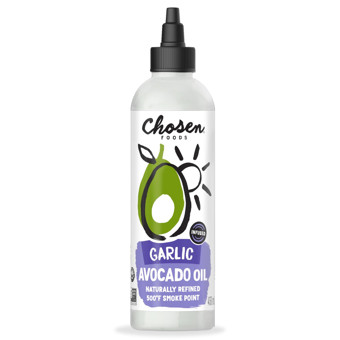 Chosen Foods Garlic Avocado Oil Squeeze Chef's Bottle - 16.2 Fl Oz - For Drizzling, Saut  ing, Roasting & Searing - High Smoke P