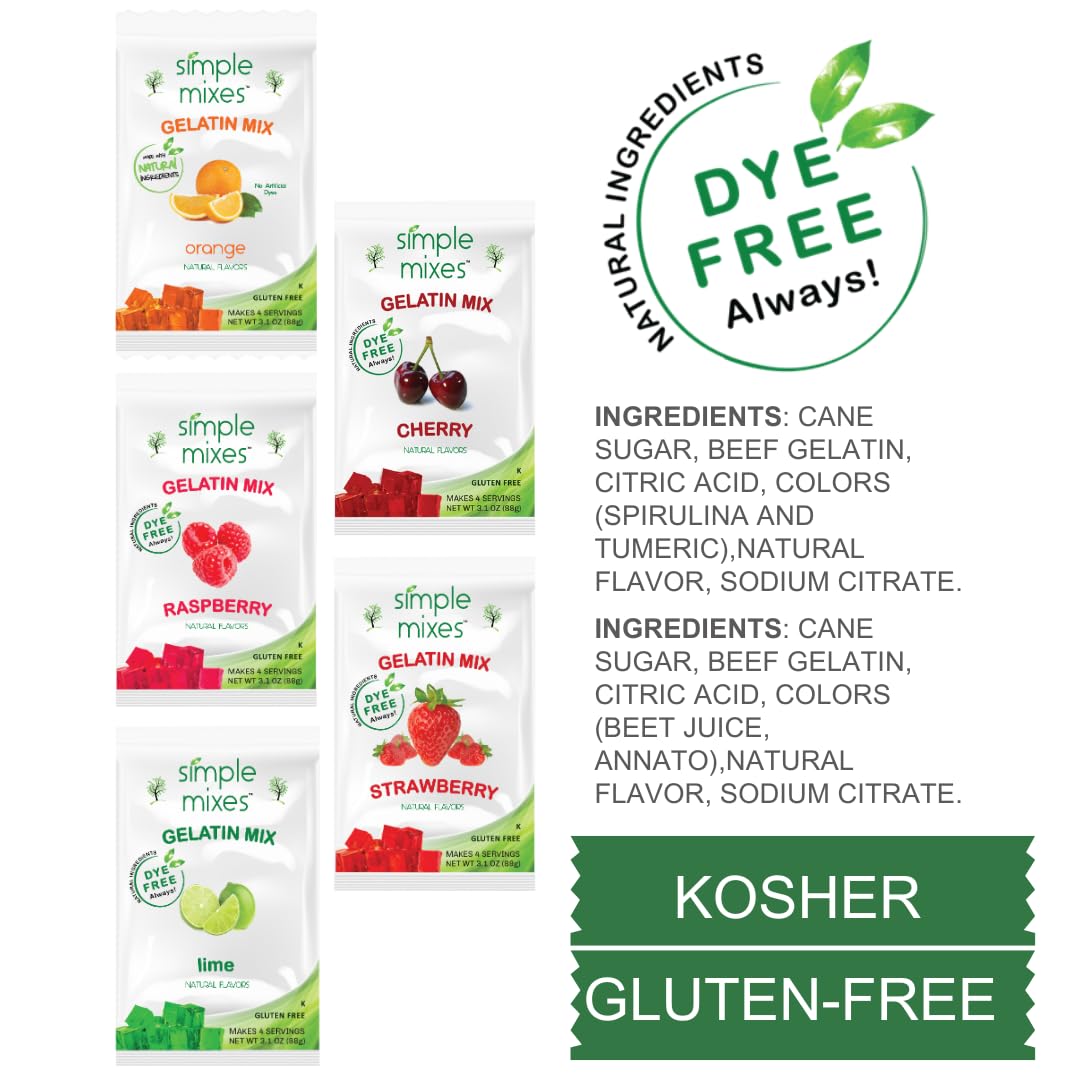 Simple Mixes Natural Gelatin Dessert, Variety Pack, Strawberry, Orange, Cherry, Raspberry & Lime, Healthy Snack, Dye-Free, No Gl
