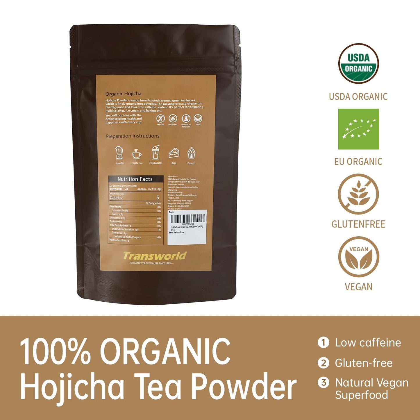 Jiuyu Hojicha Powder Organic Matcha Roasted Green Tea 50g/1.76oz